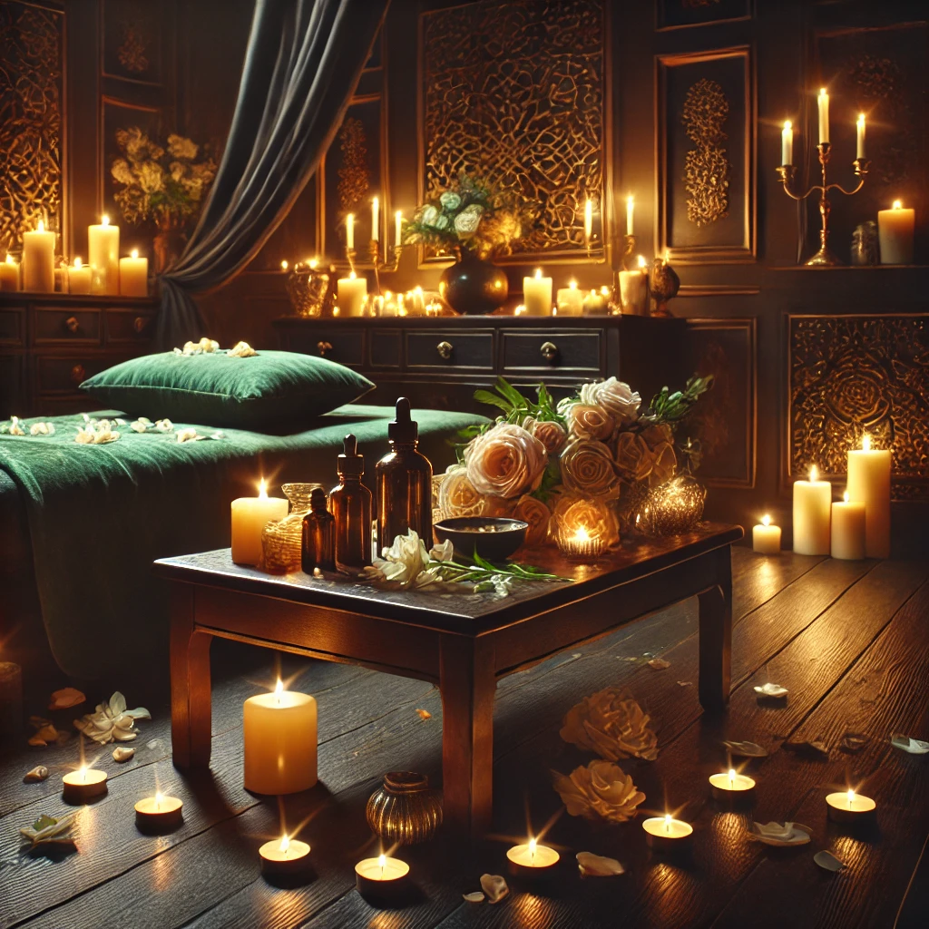 Ambiente relajante y elegante para masajes tántricos, con iluminación tenue, velas aromáticas, pétalos de flores y aceites esenciales en tonos oscuros con detalles verdes y dorados.