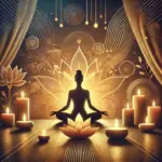 Ilustración de un entorno relajante con iluminación cálida, velas, flores de loto y un ambiente que evoca calma y sensualidad, representando el viaje de descubrimiento a través del masaje tántrico.