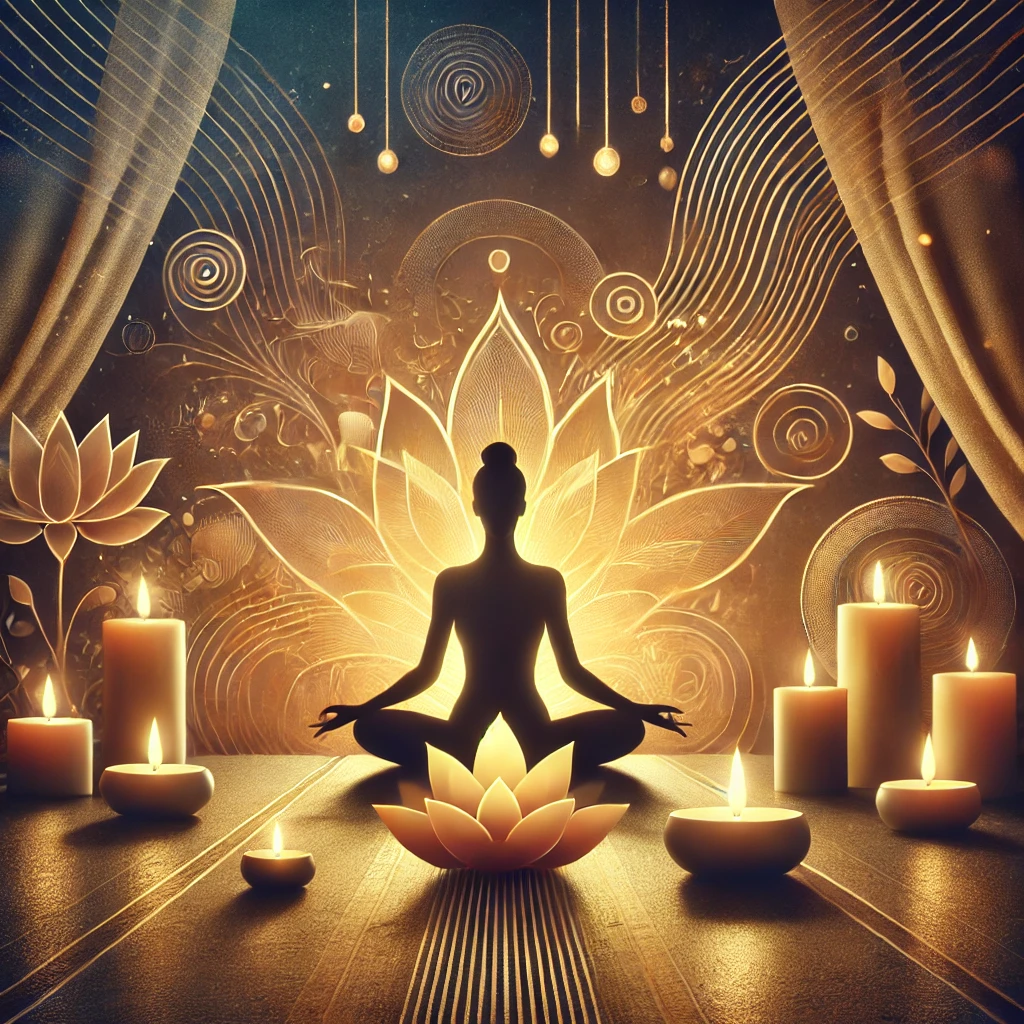 Ilustración de un entorno relajante con iluminación cálida, velas, flores de loto y un ambiente que evoca calma y sensualidad, representando el viaje de descubrimiento a través del masaje tántrico.