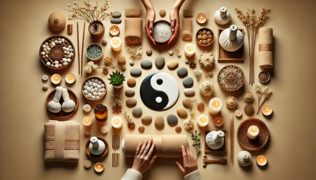 Varias opciones de masajes representadas simbólicamente con manos, aceites esenciales, piedras calientes, velas encendidas y pétalos, ideales para elegir el masaje perfecto según tus necesidades.