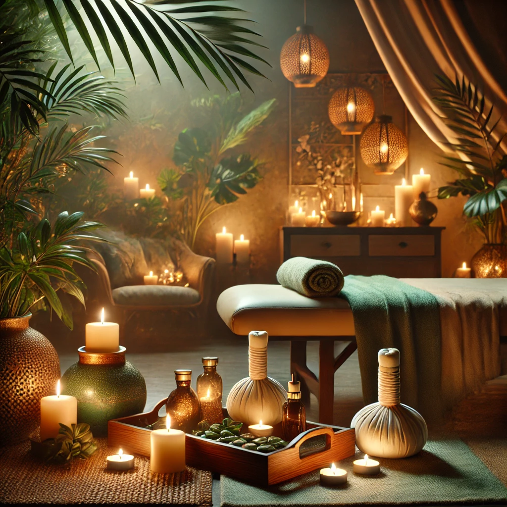 Sala acogedora para masajes tántricos, diseñada con detalles sensoriales y decoraciones en tonos verdes y dorados.