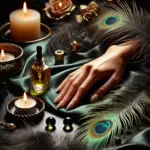 Mano aplicando aceite tibio sobre la piel, con un fondo oscuro y toques dorados, simbolizando relajación y sensualidad en un masaje íntimo.