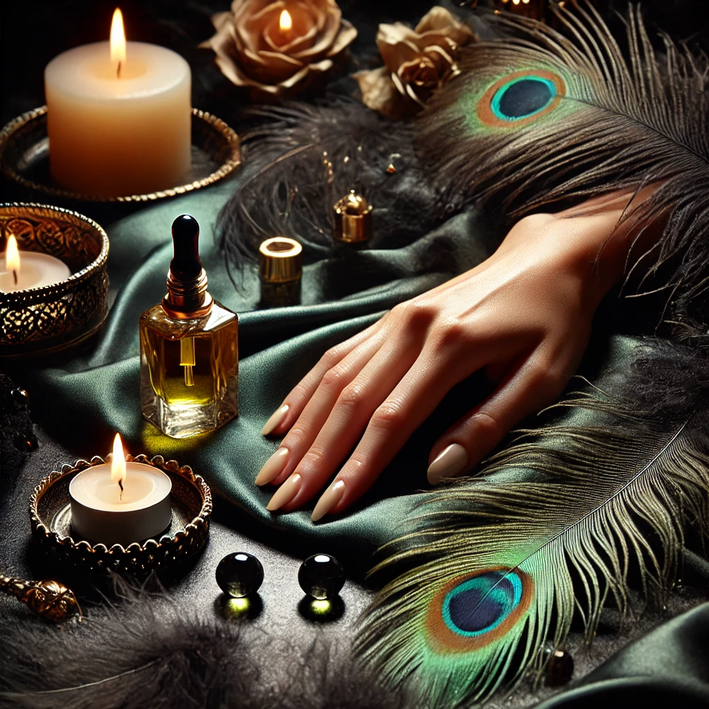 Mano aplicando aceite tibio sobre la piel, con un fondo oscuro y toques dorados, simbolizando relajación y sensualidad en un masaje íntimo.